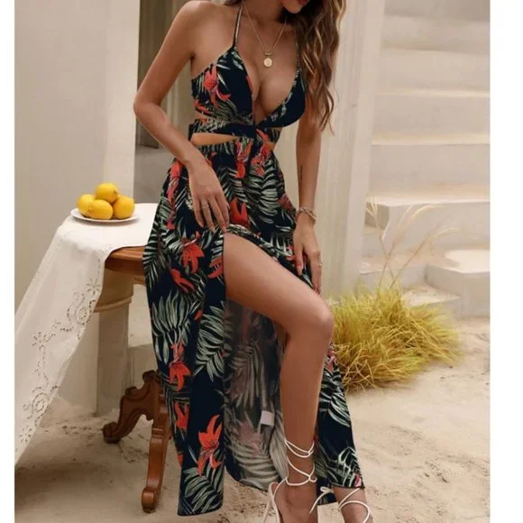 Black Tropical print Maxi dress with thigh slit - Picture 1 of 7